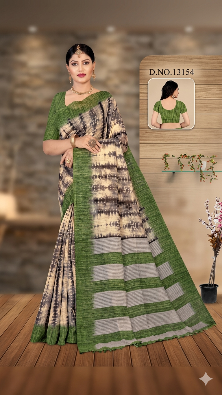 Handloom White and Green Cotton Silk Saree with Blouse Piece – Lightweight Daily Wear Saree in Green & Beige Tie-Dye Design