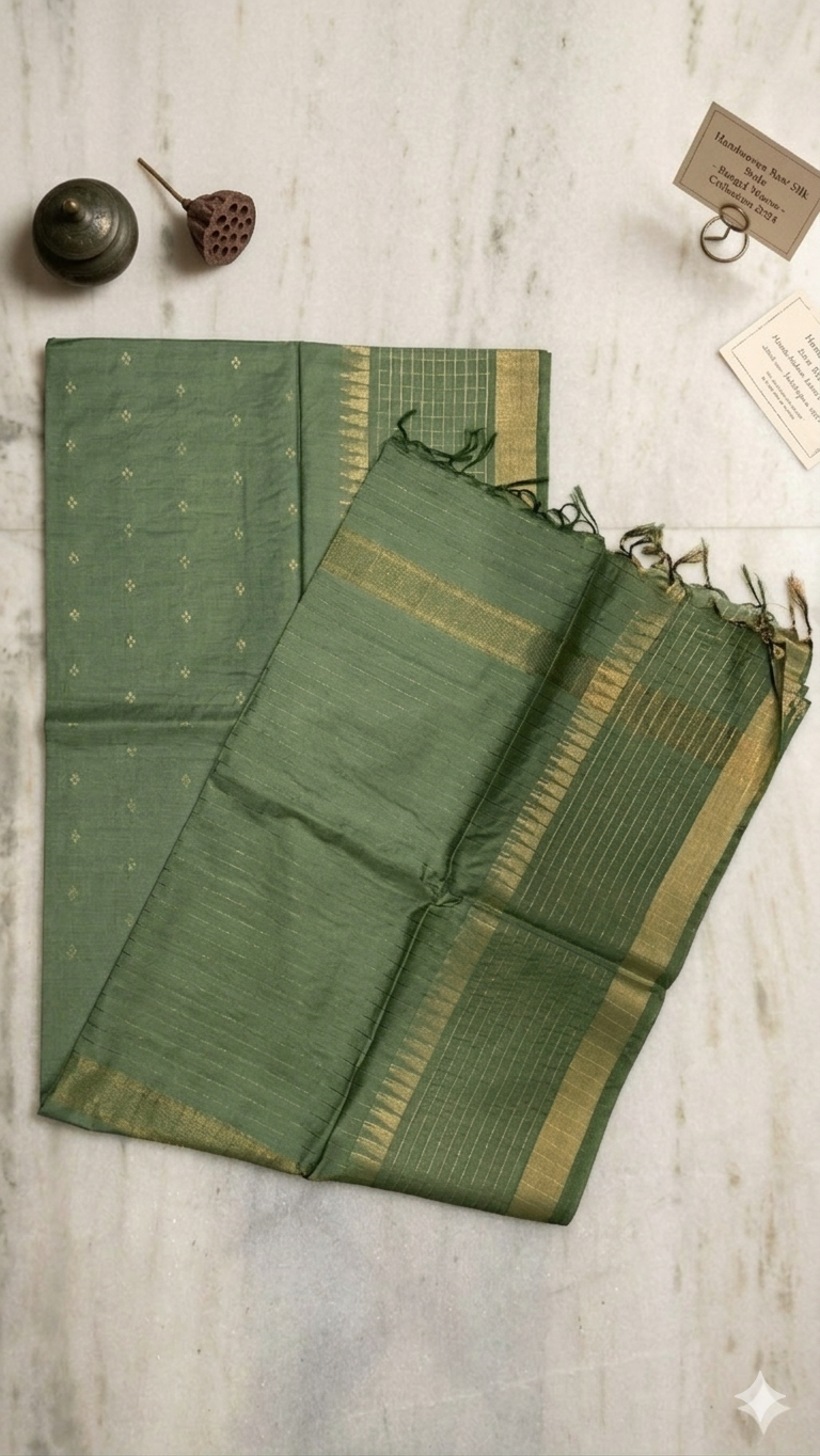 Handloom Cotton Silk Saree with Blouse Piece – Olive Green Lightweight Office Wear Saree with Gold Zari Border