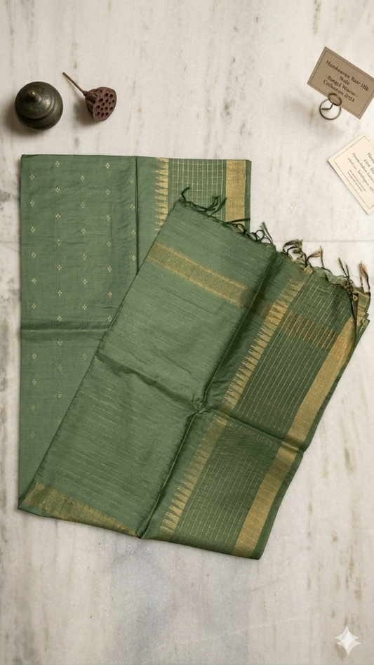 Handloom Cotton Silk Saree with Blouse Piece – Olive Green Lightweight Office Wear Saree with Gold Zari Border