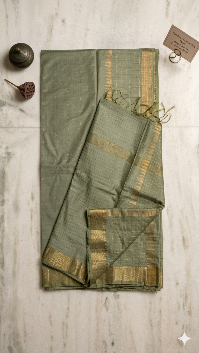 Handloom Cotton Silk Saree with Blouse Piece – Light Sage Green Lightweight Office Wear Saree with Gold Zari Border