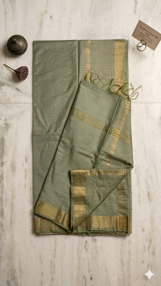 Handloom Cotton Silk Saree with Blouse Piece – Light Sage Green Lightweight Office Wear Saree with Gold Zari Border