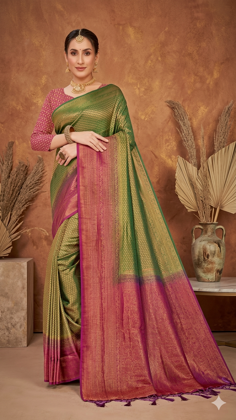 Green & Pink Mulberry Silk Saree with Blouse Piece – Dual Tone Zari Woven Traditional Wedding & Festive Wear