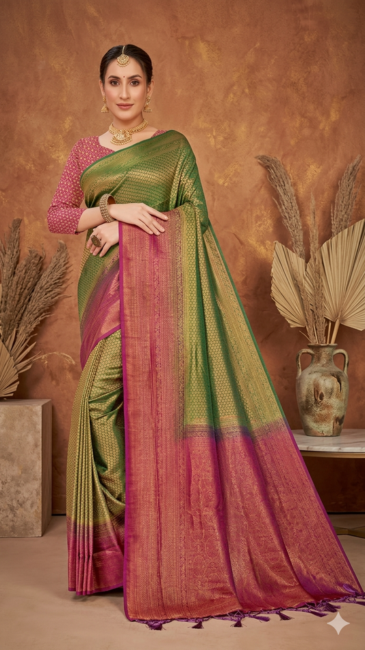 Green & Pink Mulberry Silk Saree with Blouse Piece – Dual Tone Zari Woven Traditional Wedding & Festive Wear