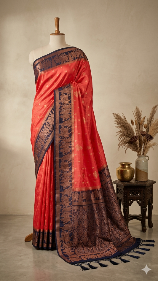 Red Baluchari Silk Saree with Antique Gold Woven Border & Blouse Piece