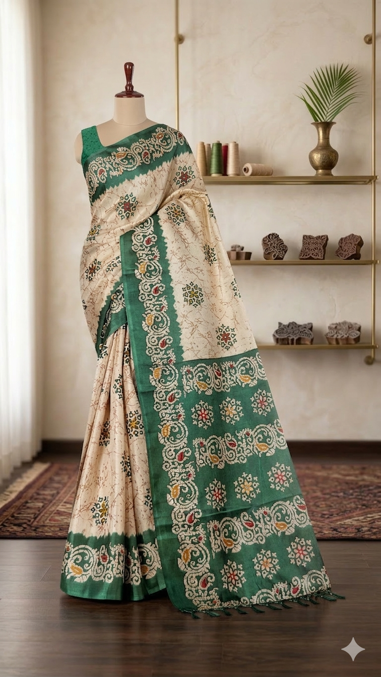 Off White & Green Woven Cotton Silk Saree with Blouse Piece – Lightweight Daily Wear Ethnic Saree