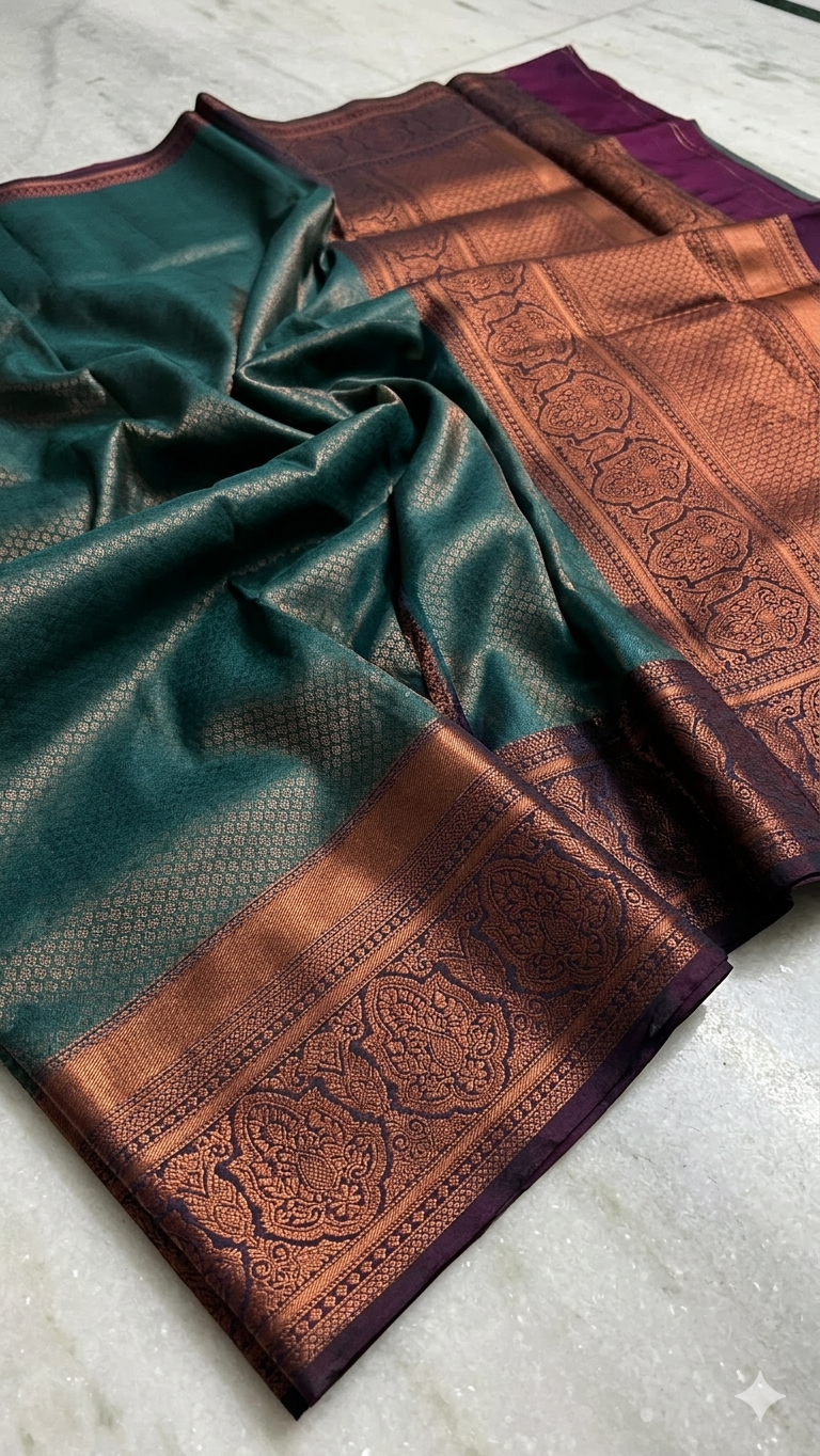 Kanchipuram Silk Saree with Blouse Piece – Teal Green Zari Woven Saree with Maroon Border