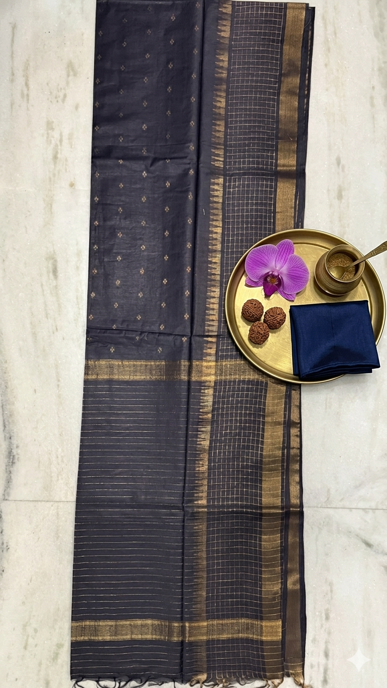 Handloom Cotton Silk Saree with Blouse Piece – Slate Grey Lightweight Office Wear Saree with Gold Zari Border
