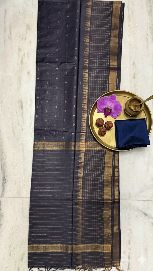 Handloom Cotton Silk Saree with Blouse Piece – Slate Grey Lightweight Office Wear Saree with Gold Zari Border