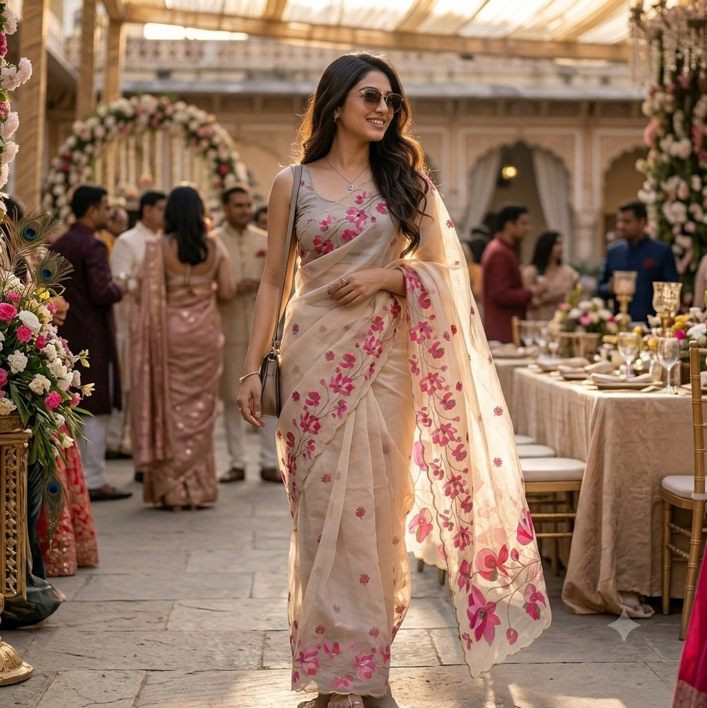 Tebby Silk Saree with Cutdana Work – Beige Floral Embroidered Saree