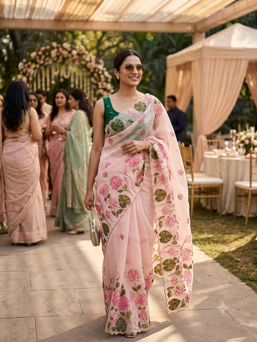 Blush Pink Lotus Tebby Silk Saree with Cutdana Work | Kaya Kalpo