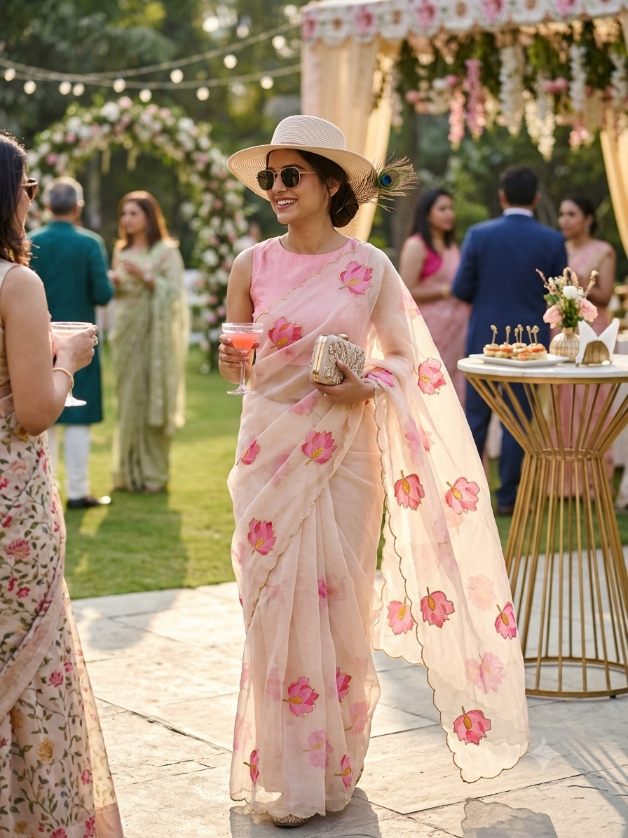 Peach Blush Lotus Buti Tebby Silk Saree with Cutdana Work | Kaya Kalpo