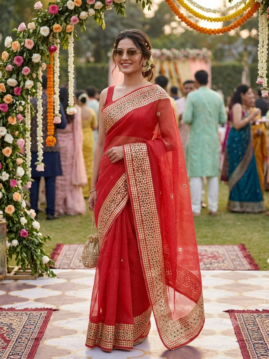 Red Kota Doria Saree with Gold Gota Border and Embroidered Buttis | Kaya Kalpo