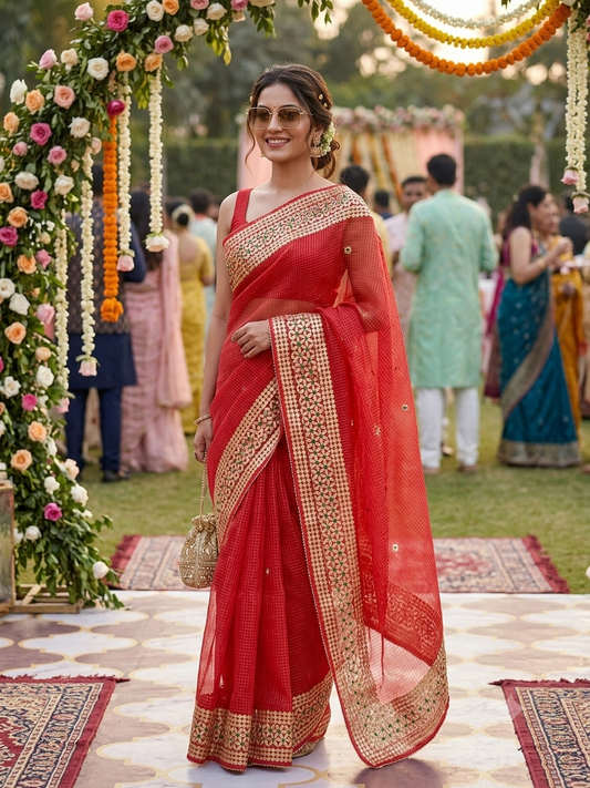 Red Kota Doria Saree with Gold Gota Border and Embroidered Buttis | Kaya Kalpo