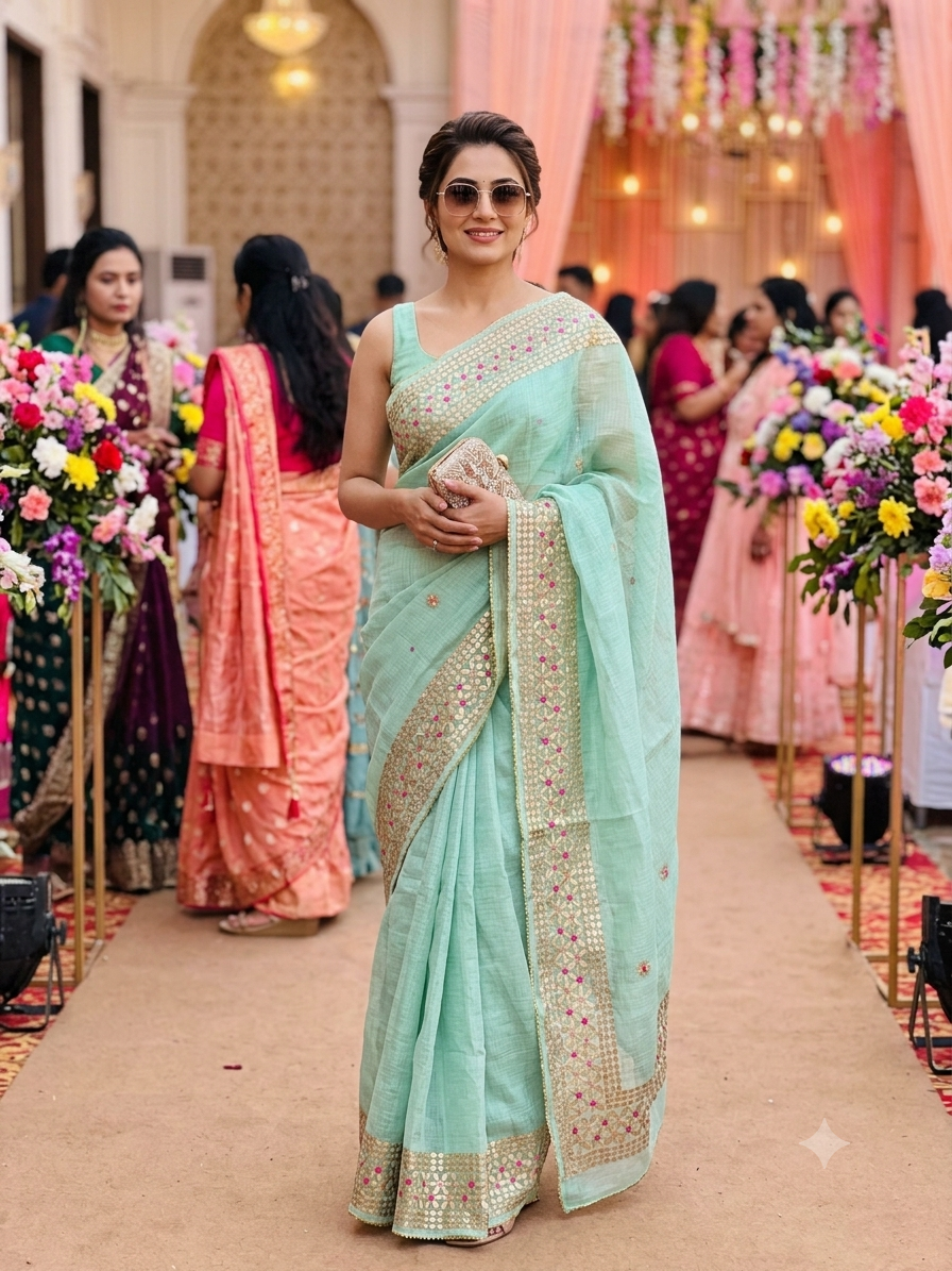 Mint Green Kota Doria Saree with Gold Gota Border and Embroidered Buttis | Kaya Kalpo