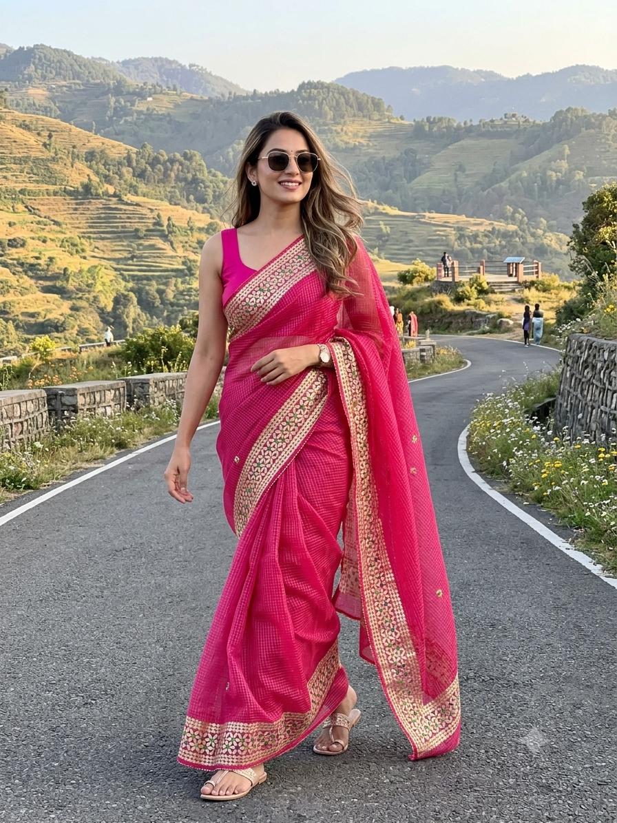 Magenta Pink Kota Doria Saree with Gold Gota Border and Embroidered Buttis | Kaya Kalpo