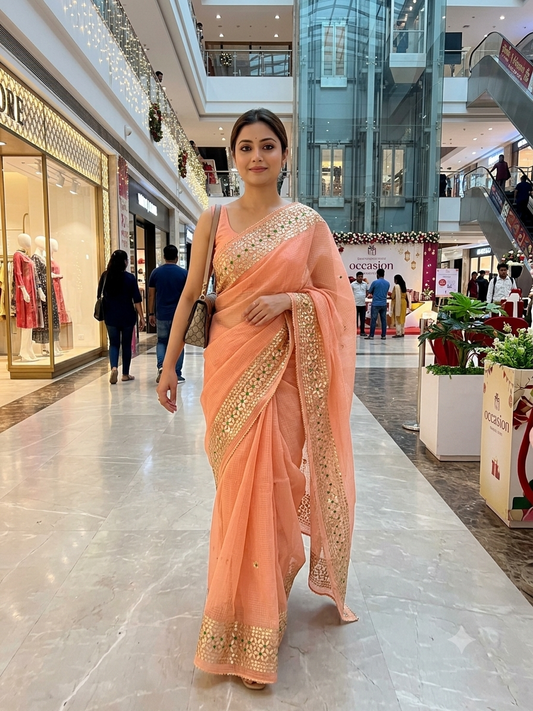 Peach Kota Doria Saree with Gold Gota Border and Embroidered Buttis | Kaya Kalpo