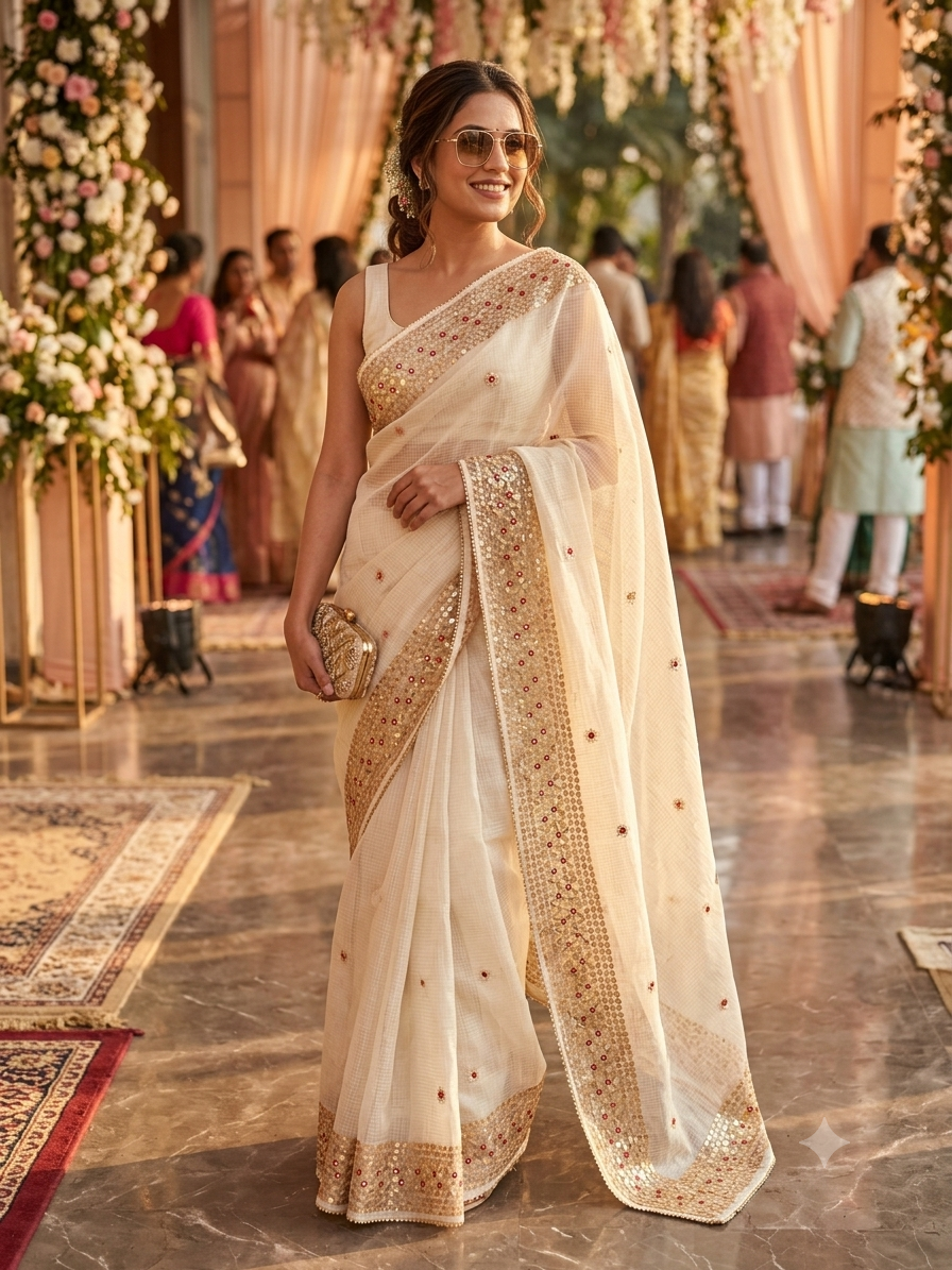 White Kota Doria Saree with Gold Sequin Border and Embroidered Buttis | Kaya Kalpo