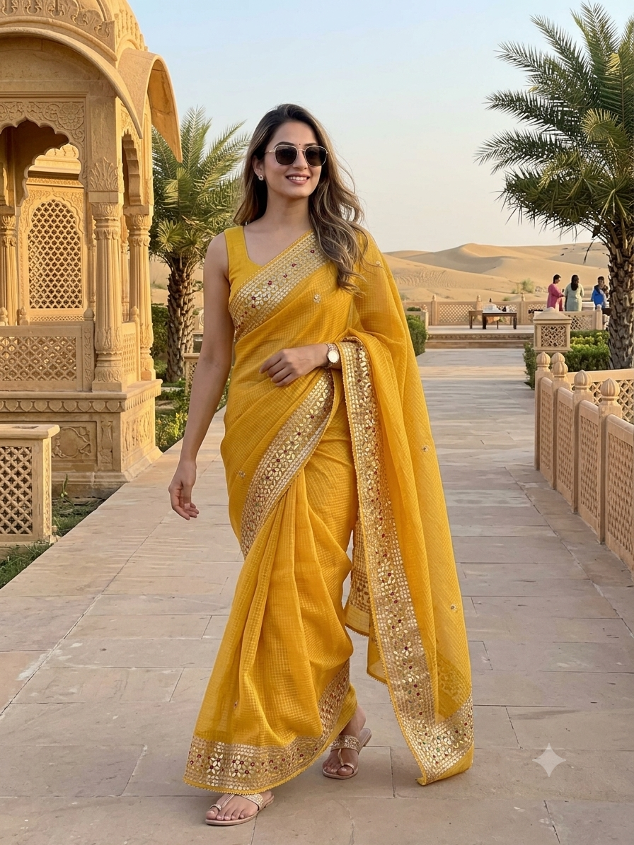 Yellow Kota Doria Saree with Gold Gota Border and Embroidered Buttis | Kaya Kalpo