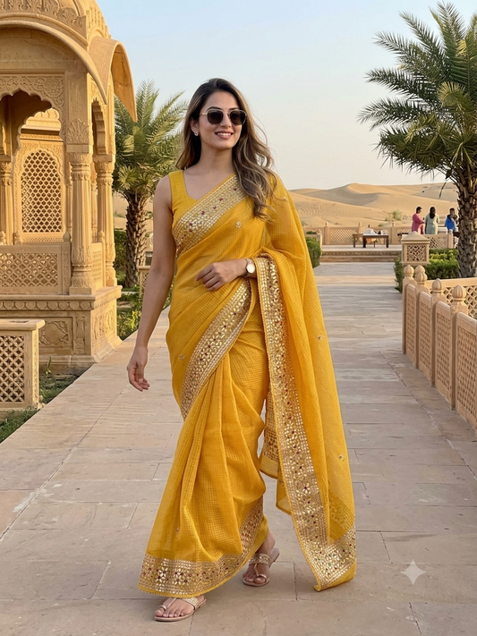 Yellow Kota Doria Saree with Gold Gota Border and Embroidered Buttis | Kaya Kalpo