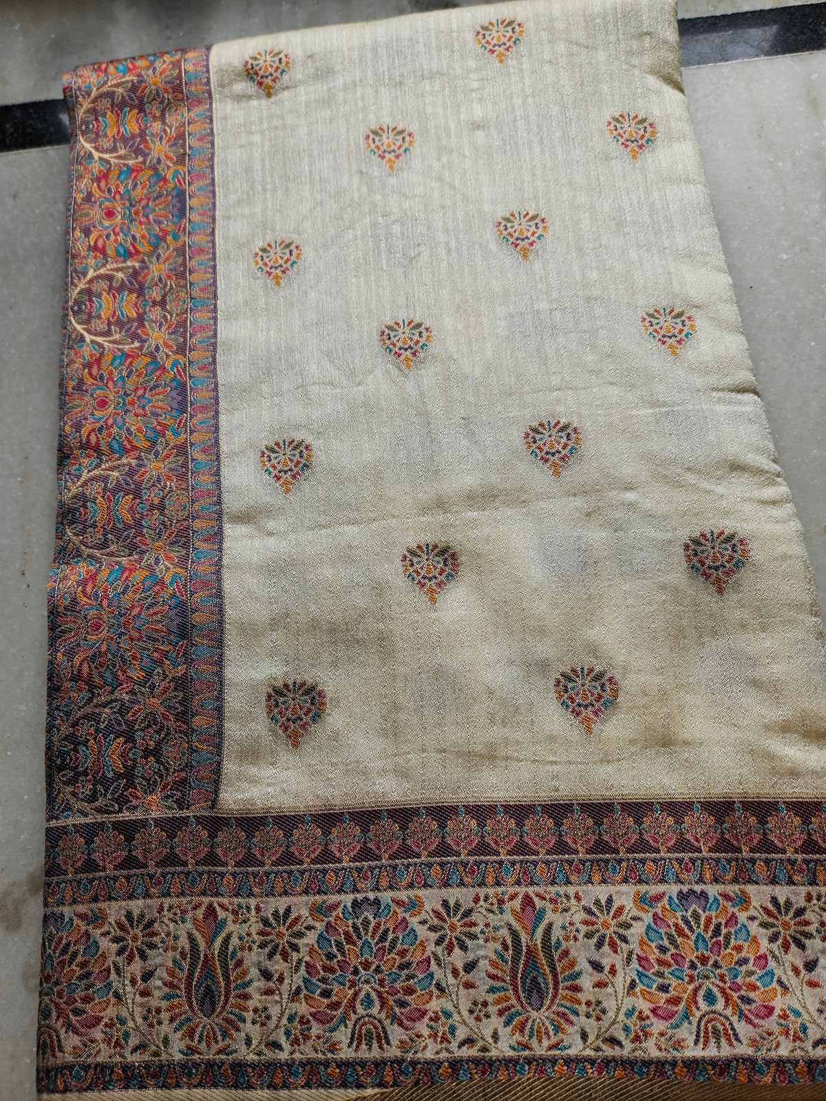 Premium Khaddi Silk Saree — Ivory with Zari Buttis & Banarasi Border