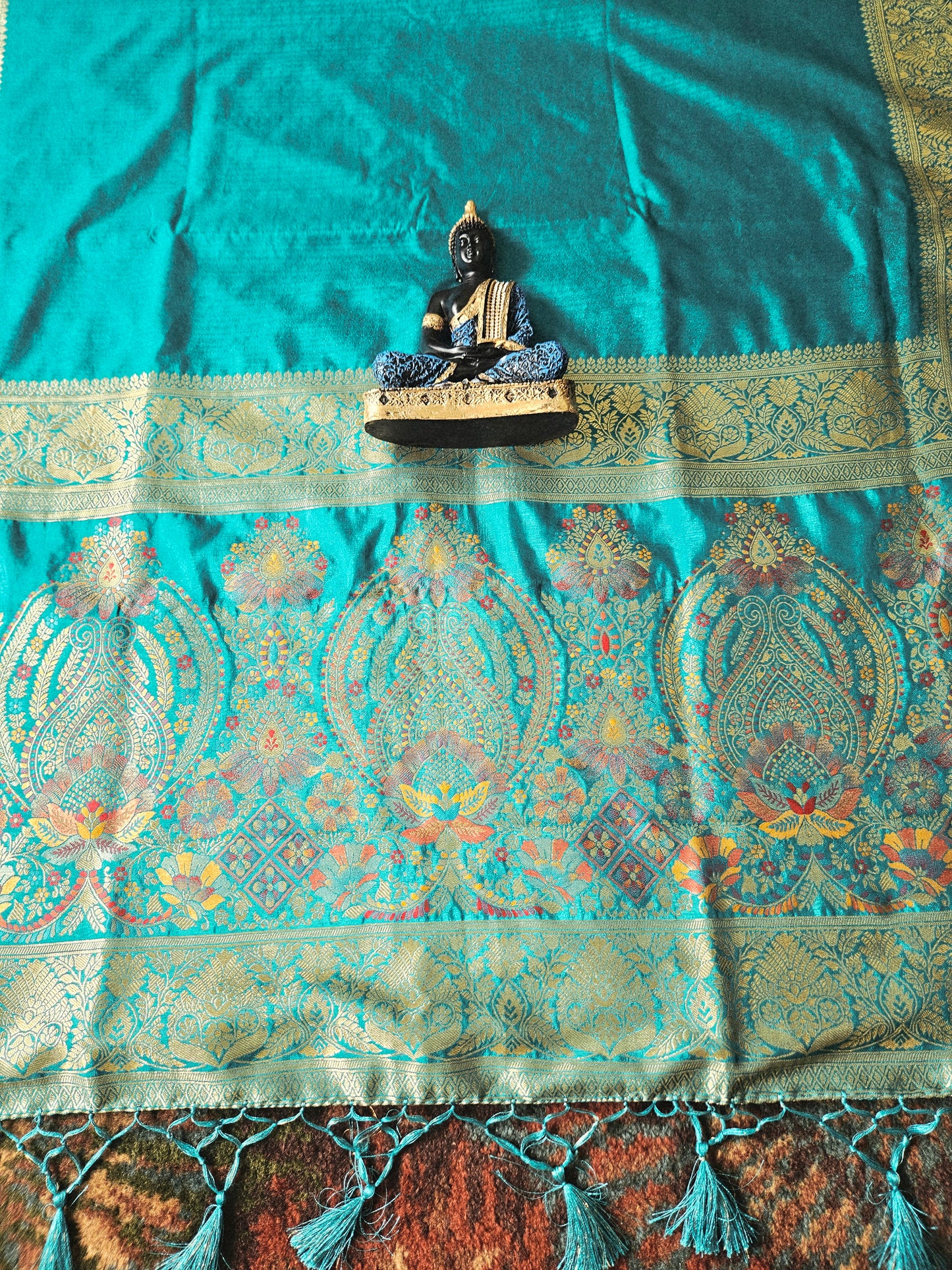 Teal Meenakari Ghicha Silk Mix Saree with Zari Border & Paisley Pallu