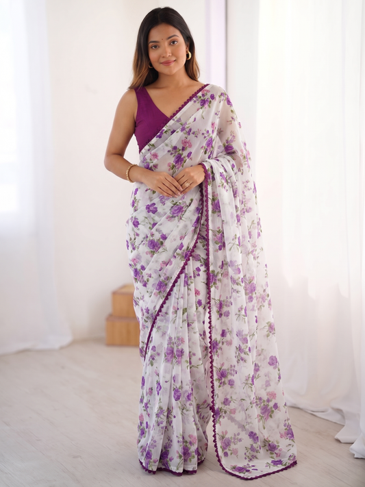 White Soft Chiffon Saree with Purple Floral Print and Lace Border – Contrast Magenta Blouse