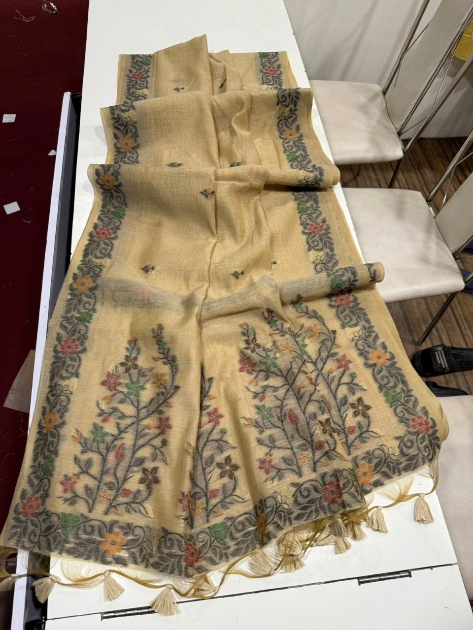 Beige Handloom Saree with Fine Machine Weaving Floral Border