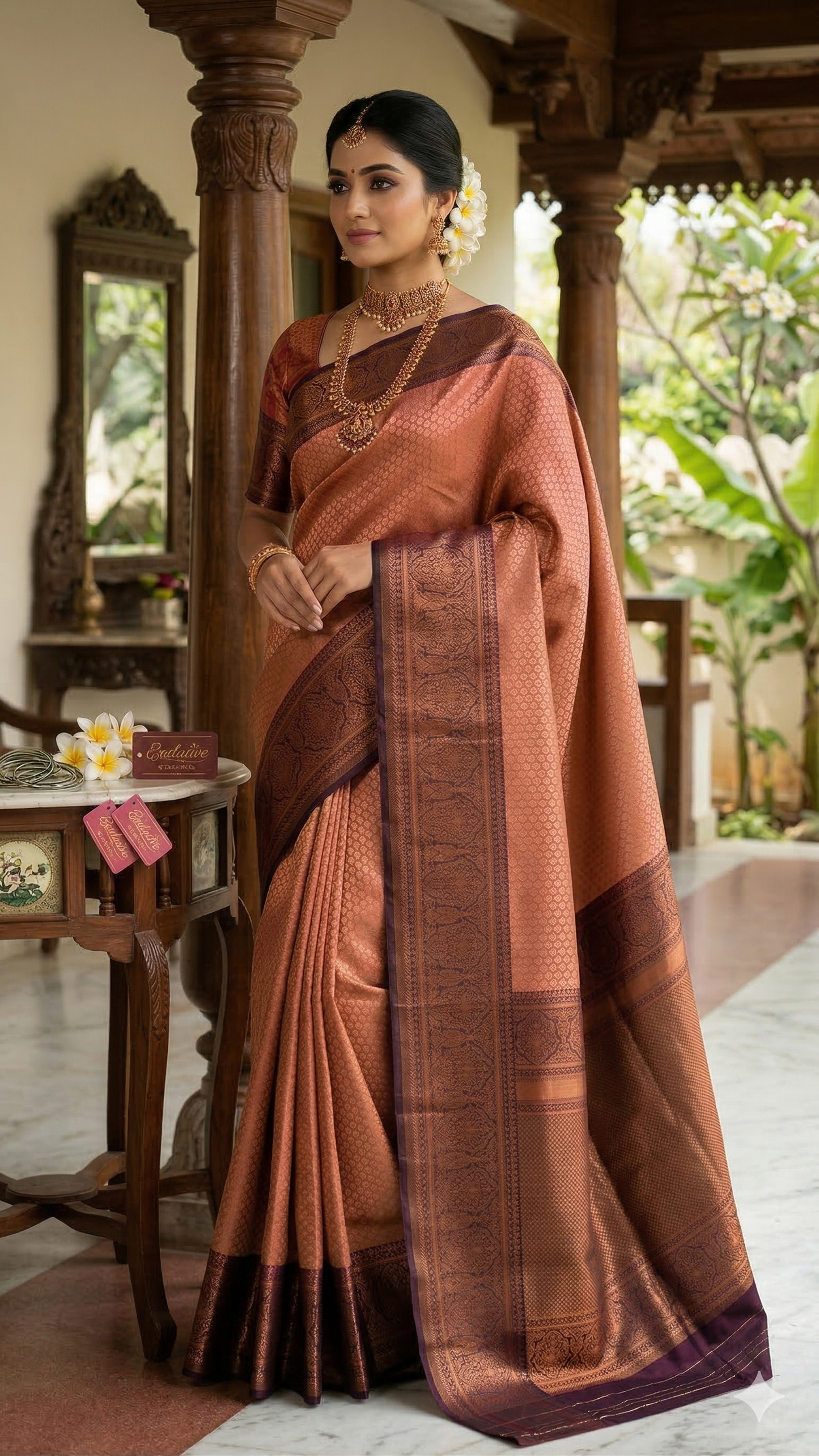 Kanchipuram Silk Saree with Blouse Piece – Copper Gold Saree with Maroon Zari Border | Traditional & Festive Wear