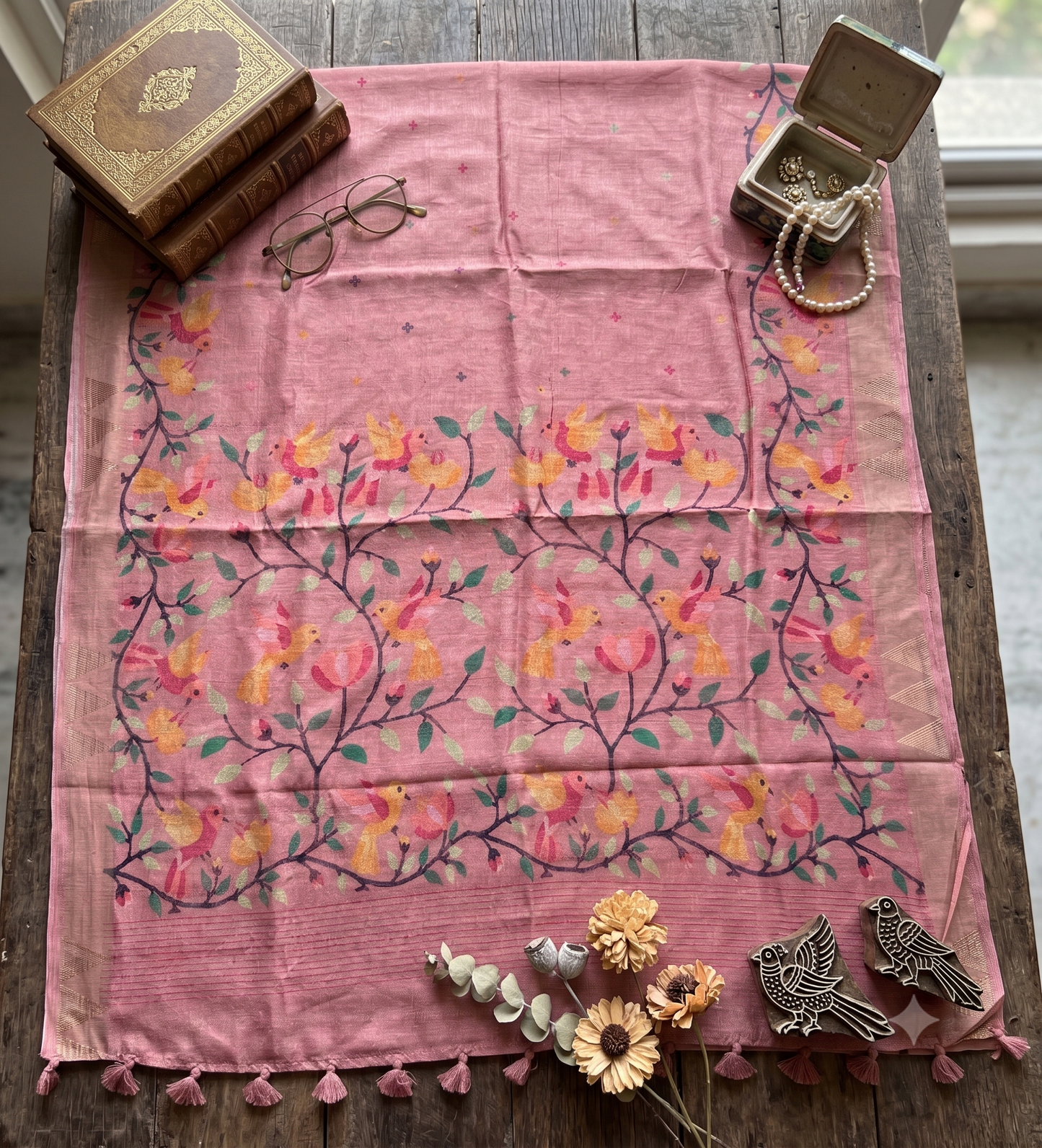 Dusty Rose Tussar Cotton Saree with Bird Motif Border – Traditional Handloom Style