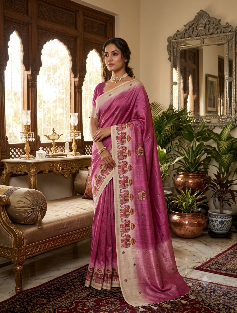 Mauve Ombre Tussar Silk Saree with Narthaki Print & Elephant Applique with Blouse Piece