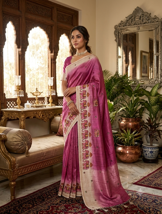 Mauve Ombre Tussar Silk Saree with Narthaki Print & Elephant Applique with Blouse Piece