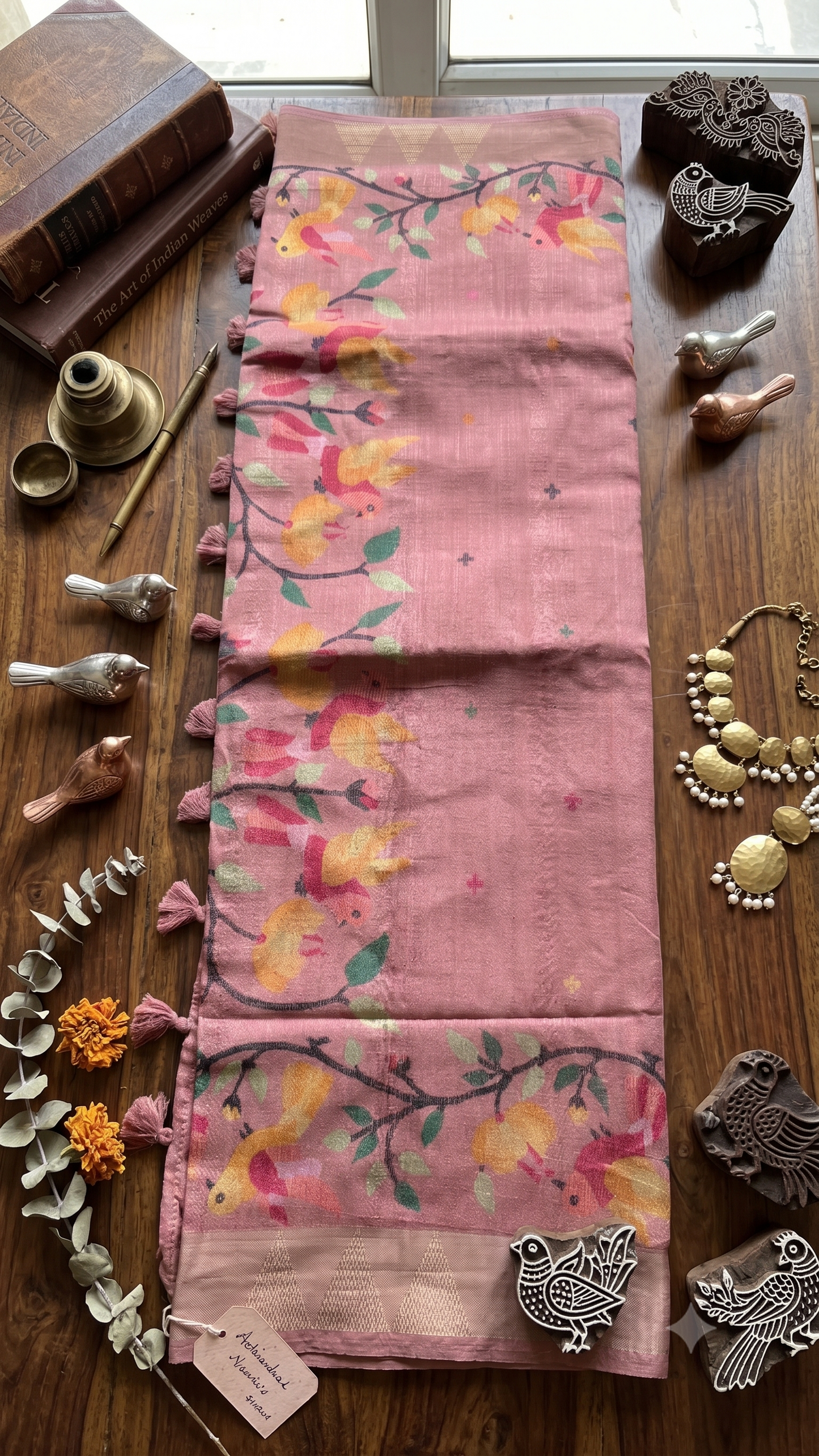 Dusty Rose Tussar Cotton Saree with Bird Motif Border – Traditional Handloom Style