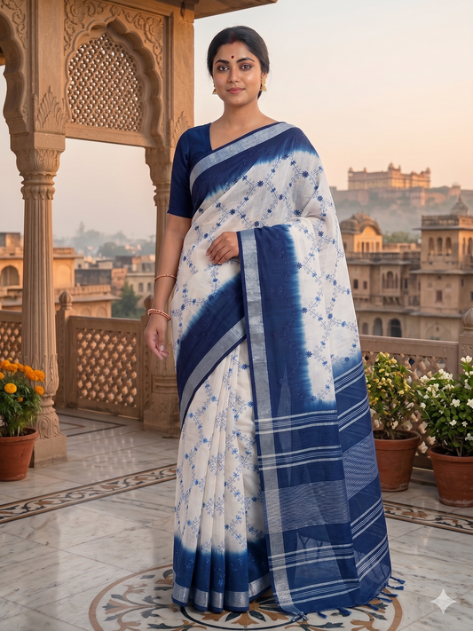 Kaya Kalpo Blue & White Linen Kantha Stitch Saree with Floral Design & Tassels