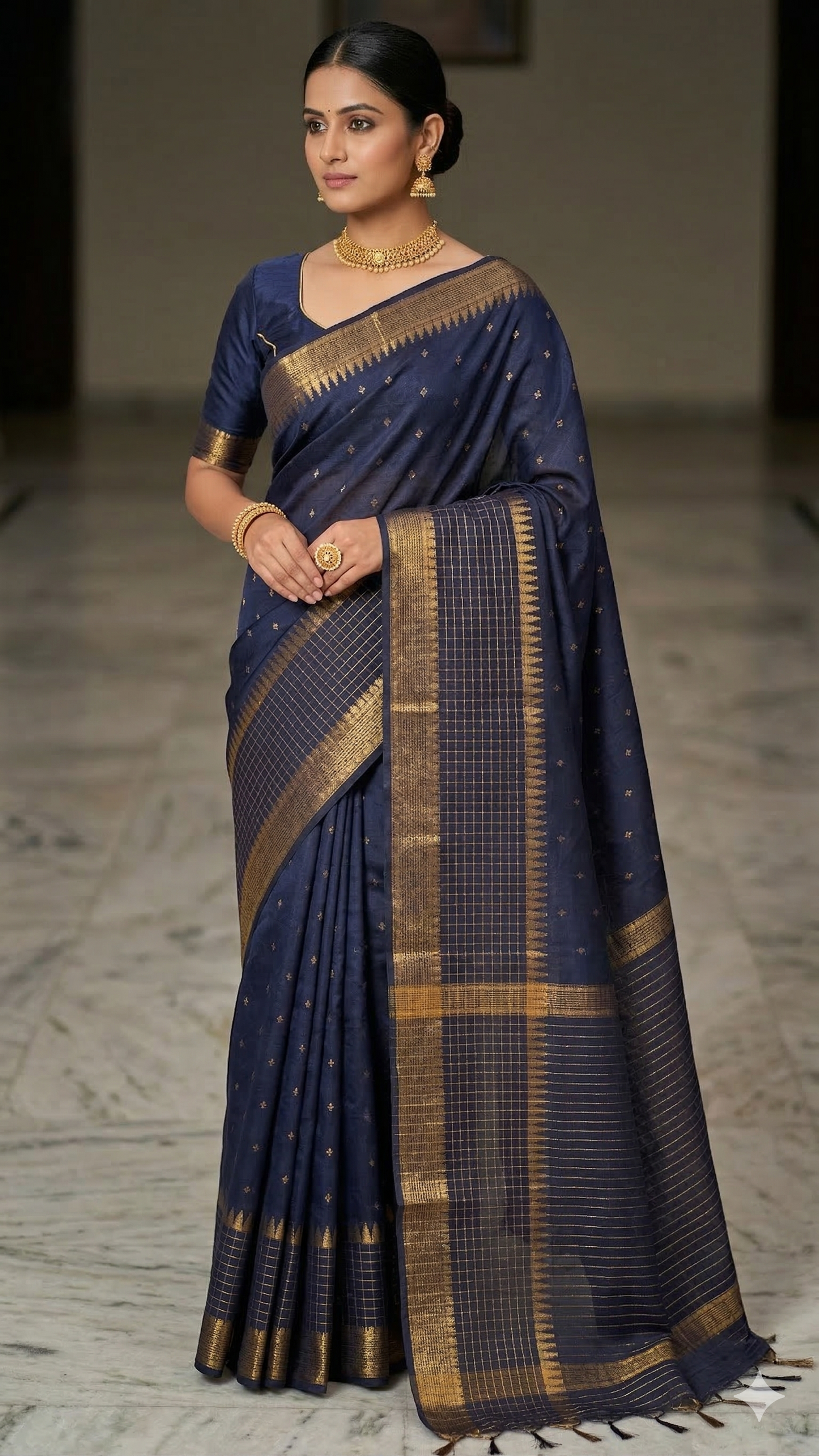 Handloom Cotton Silk Saree with Blouse Piece – Slate Grey Lightweight Office Wear Saree with Gold Zari Border