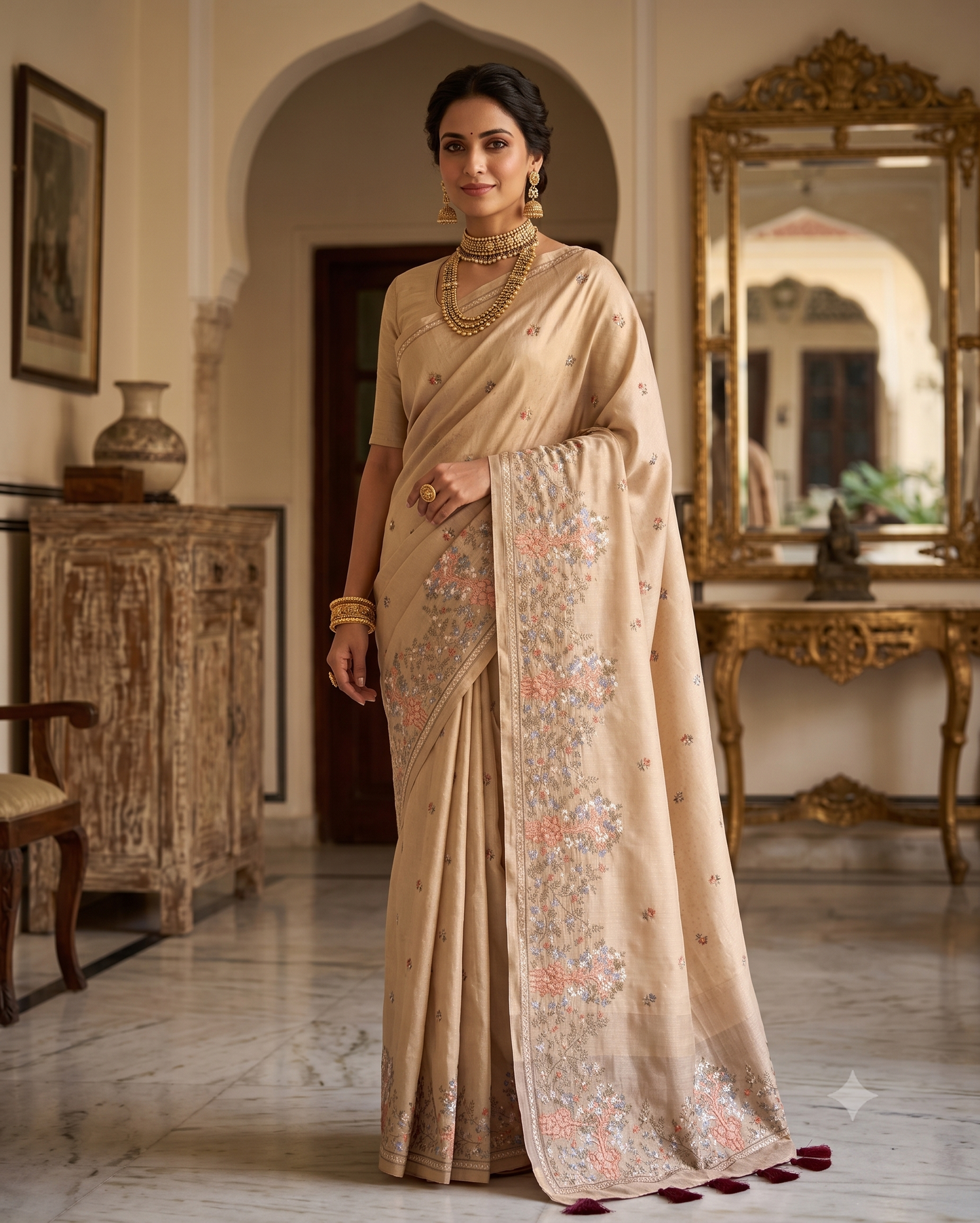 Beige Silk Crepe Saree with Multicolor Floral Embroidery