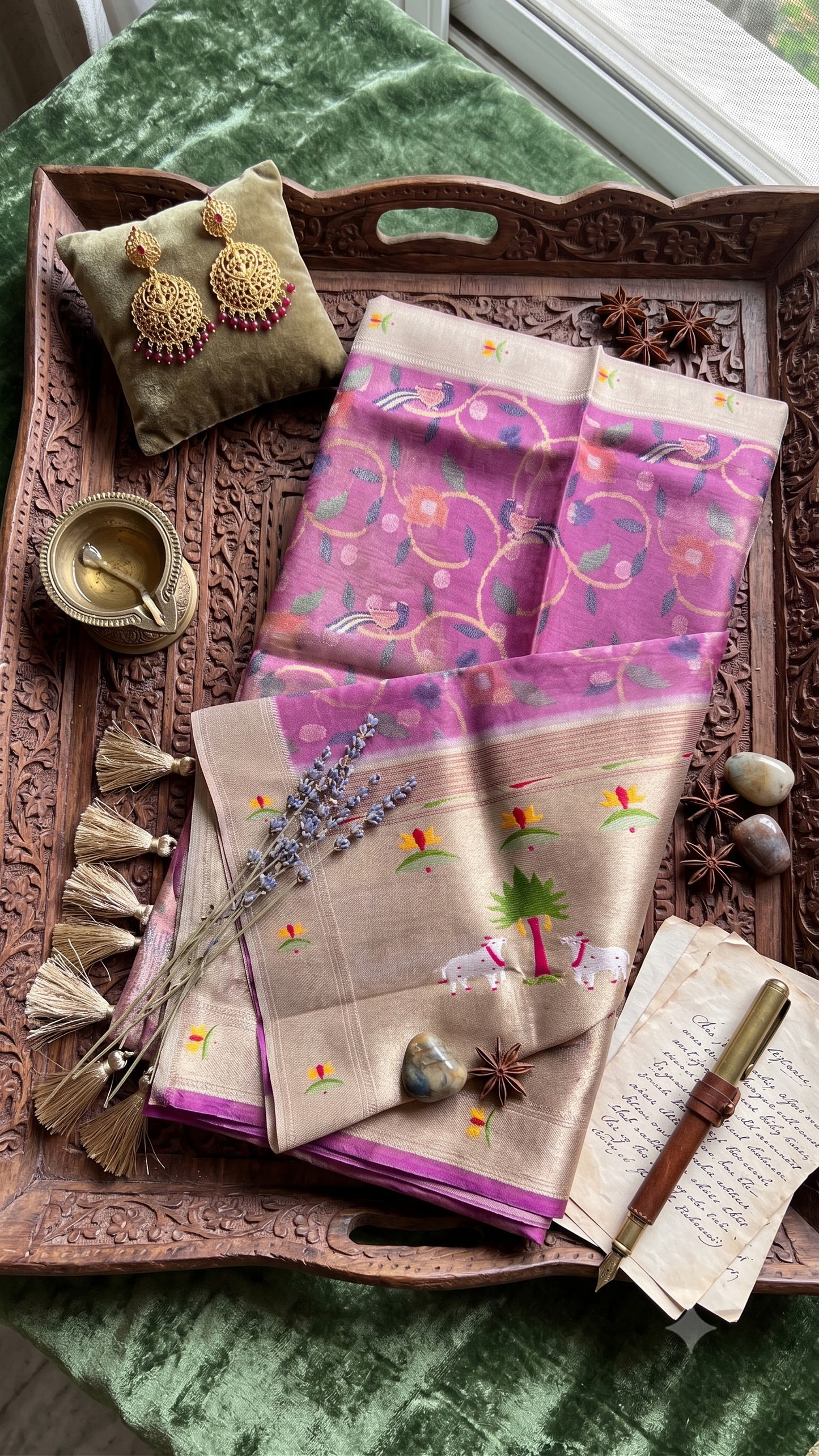 Mauve Pathani Tissue Organza Saree with Zari Border – Floral Bird Motif