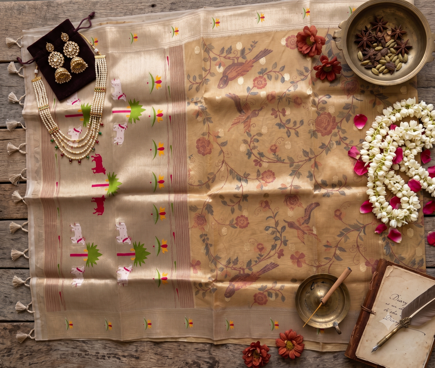 Golden Pathani Tissue Organza Saree with Zari Border – Floral Bird Motif |