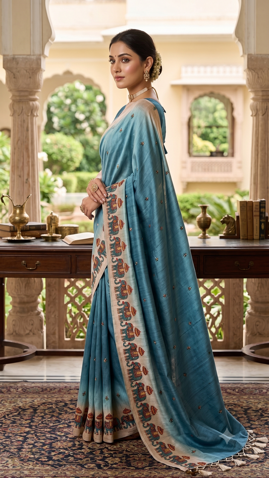 Sky Blue Ombre Tussar Silk Saree with Narthaki Print & Elephant Applique with Blouse Piece