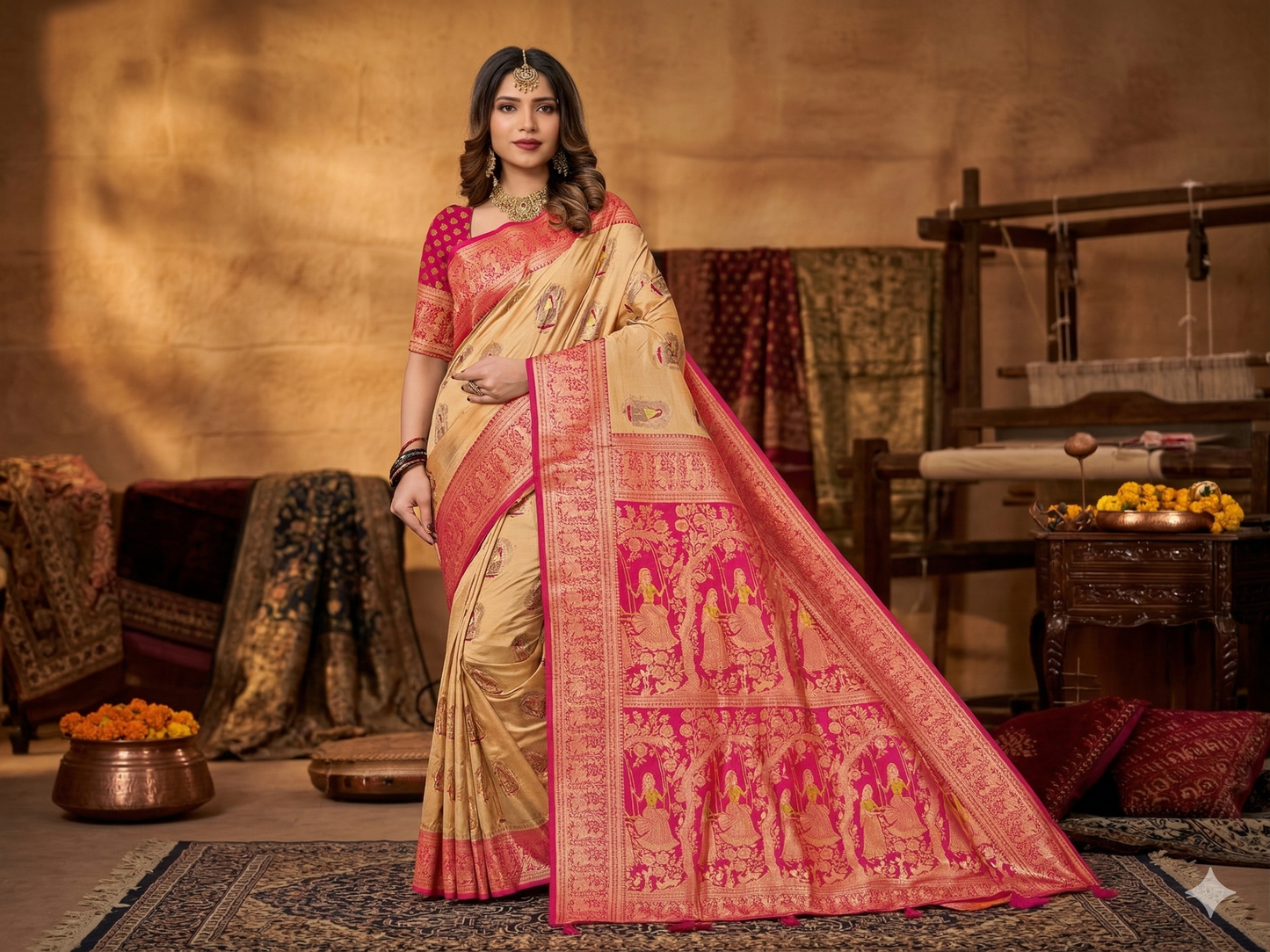 Kaya Kalpo Bengal Silk Saree | Peach & Hot Pink Zari Woven Hindola Pallu | Bridal & Wedding Wear