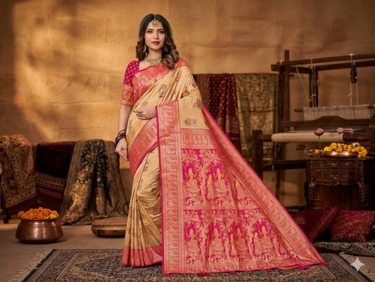 Kaya Kalpo Bengal Silk Saree | Peach & Hot Pink Zari Woven Hindola Pallu | Bridal & Wedding Wear