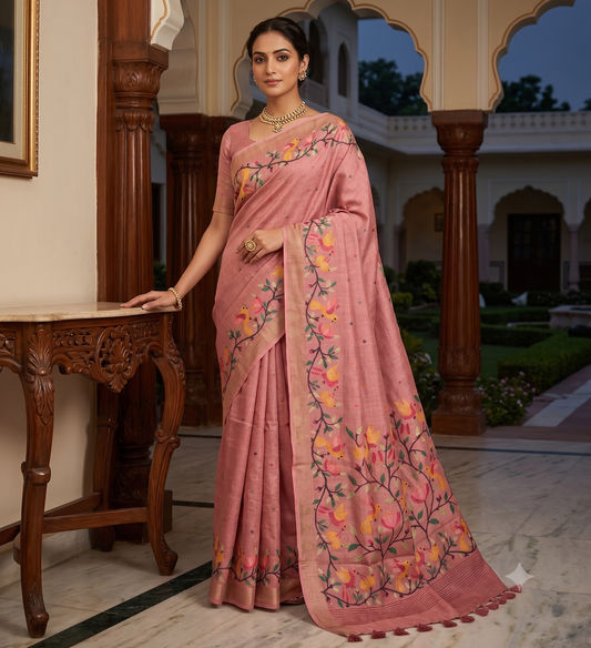 Dusty Rose Tussar Cotton Saree with Bird Motif Border – Traditional Handloom Style