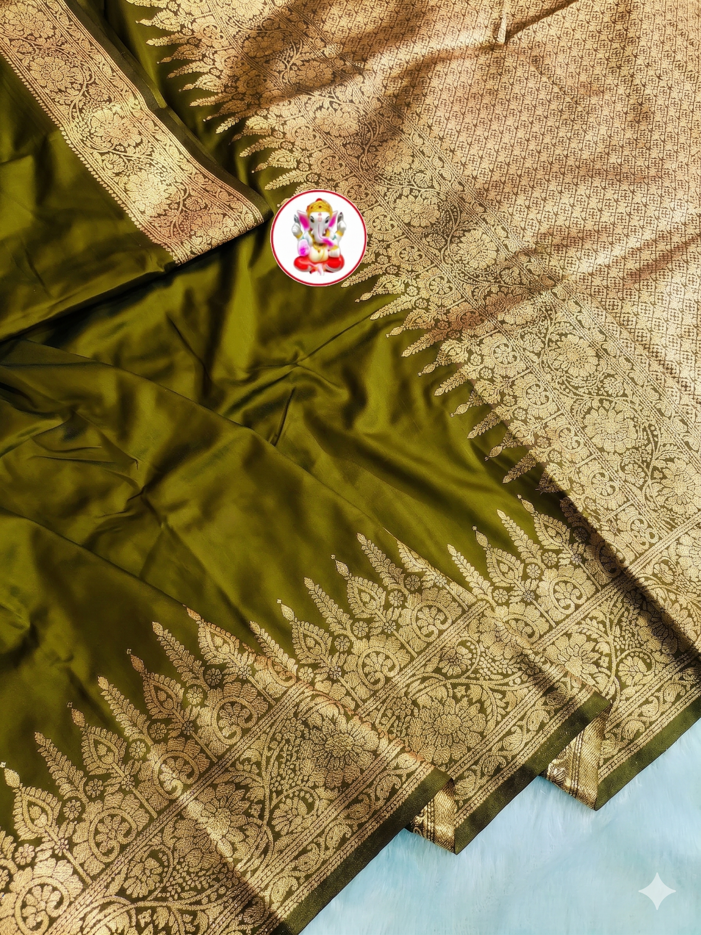 Kaya Kalpo Olive Green Satin Crepe Silk Saree | Gold Zari Woven Pallu & Border | Festive & Bridal Wear