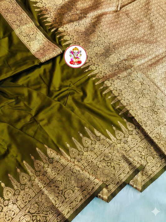 Kaya Kalpo Olive Green Satin Crepe Silk Saree | Gold Zari Woven Pallu & Border | Festive & Bridal Wear