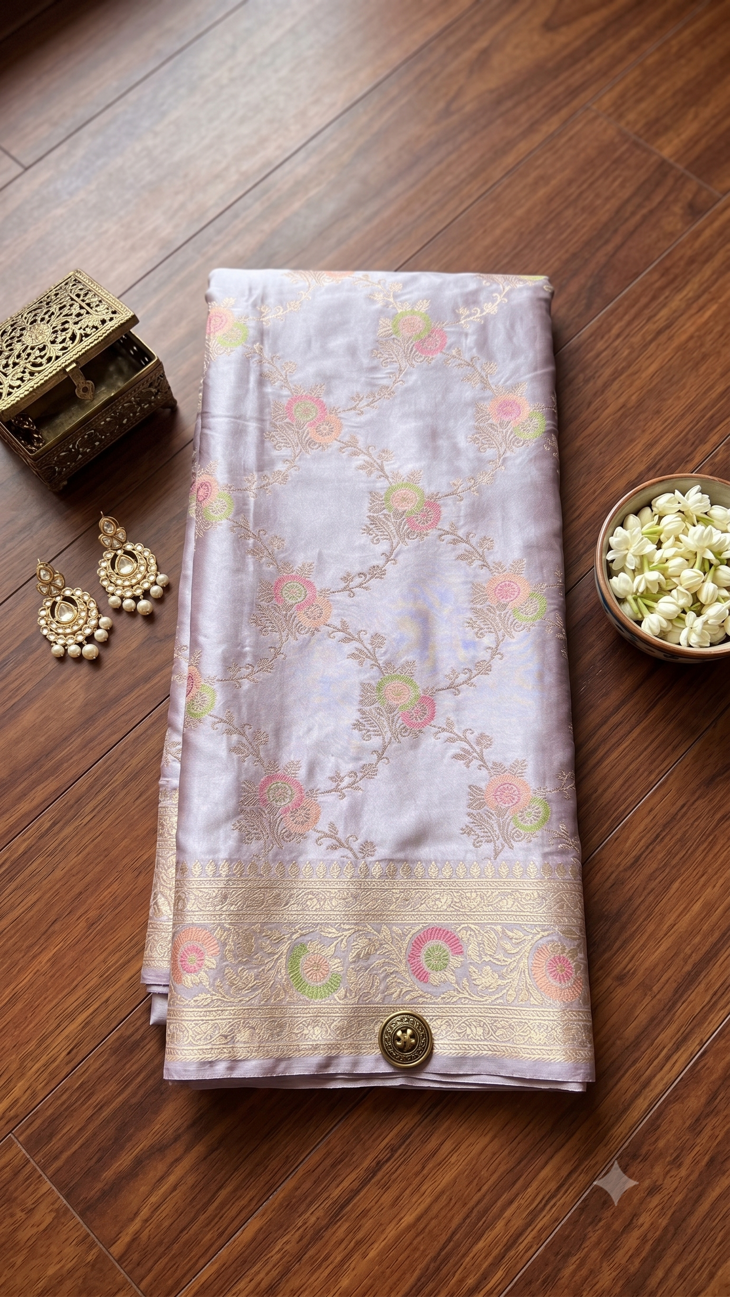 Light Lavender Banarasi Katan Silk Saree with Pink-Green Zari Floral Jaal & Blouse Piece
