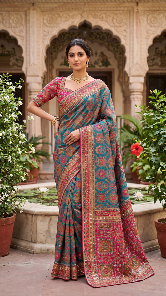 Kani Pashmina Silk Saree in Teal Blue with Multicolor Border & Stitched Embroidered Blouse