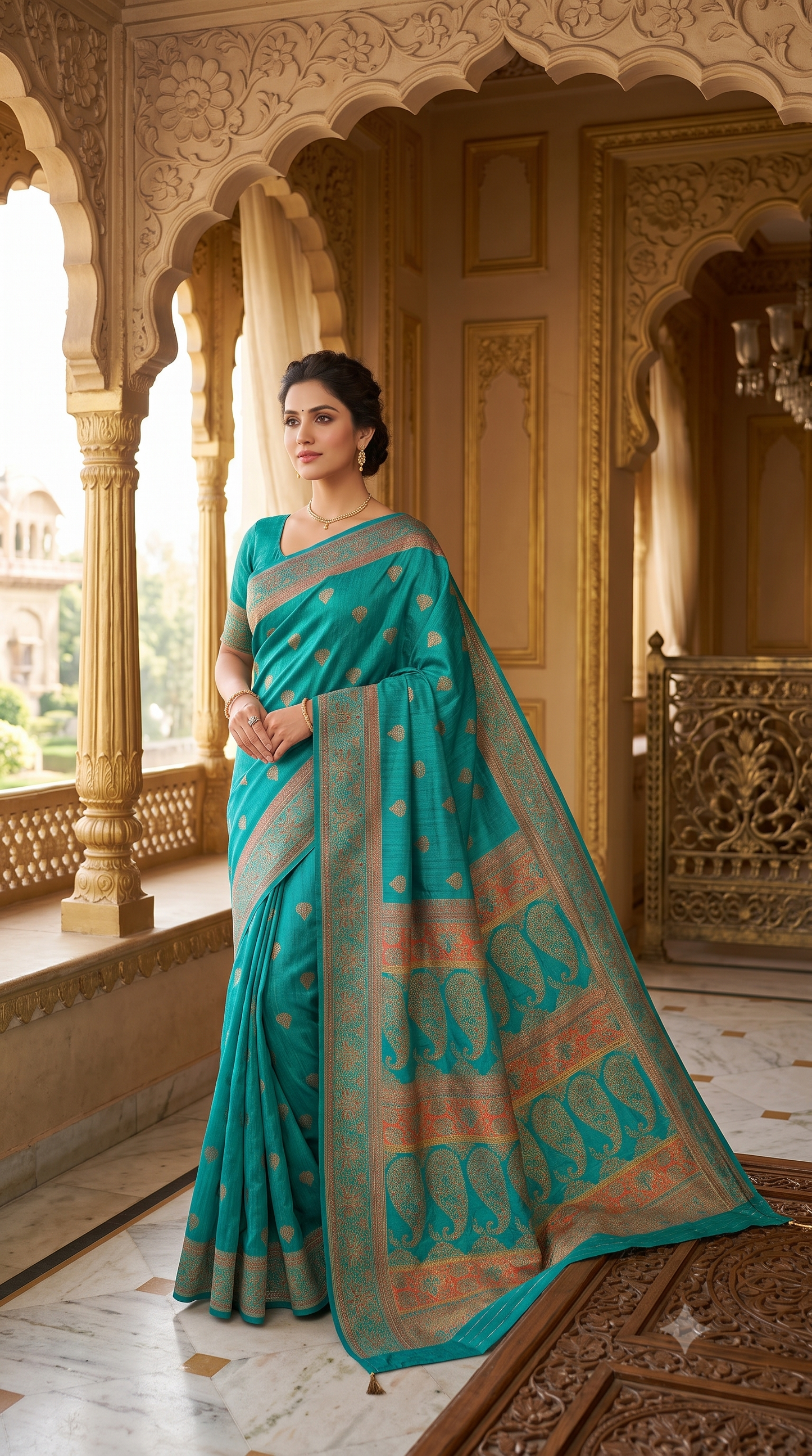 Premium Khaddi Silk Saree in Turquoise with Zari Buttis & Multicolor Kani Border