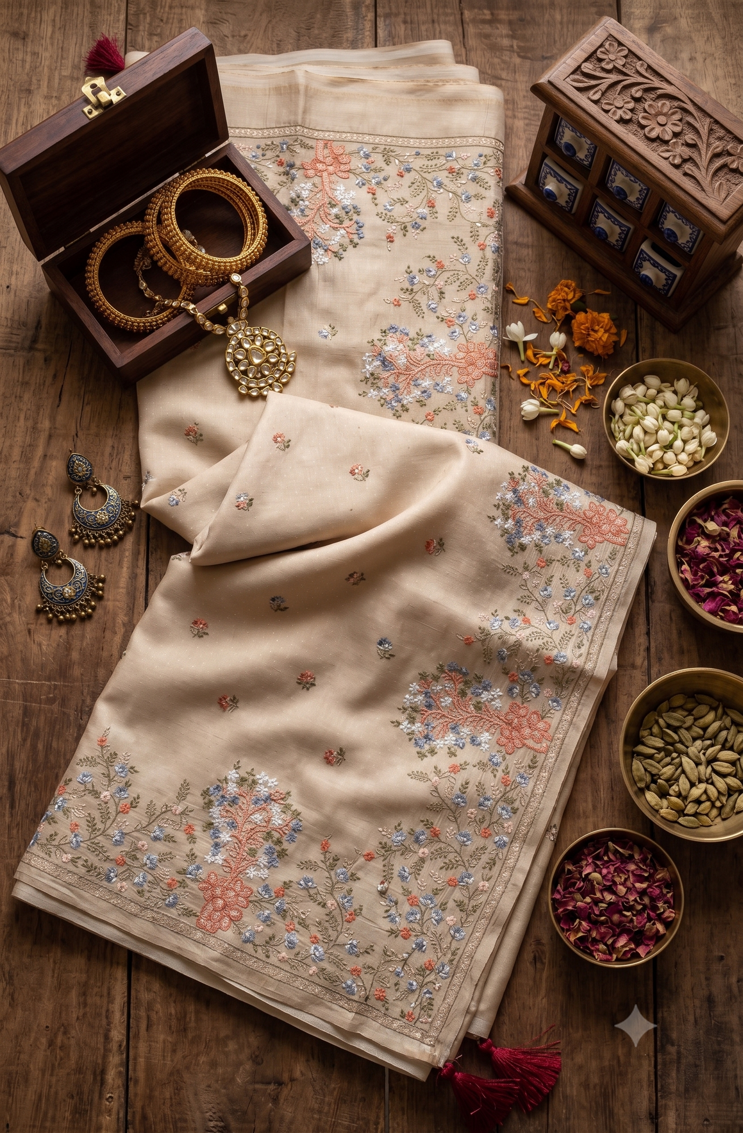 Beige Silk Crepe Saree with Multicolor Floral Embroidery