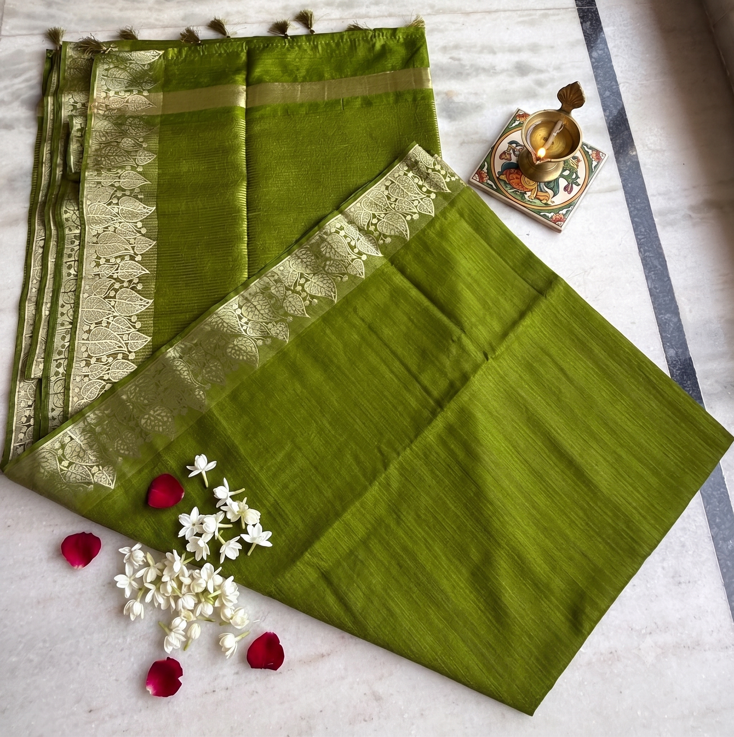 Olive Green Semi Tussar Silk Saree with Gold Leaf Border