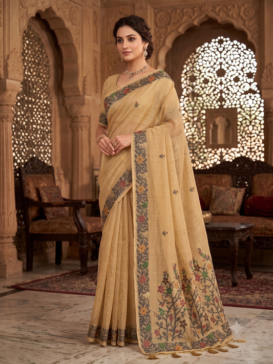 Beige Handloom Saree with Fine Machine Weaving Floral Border