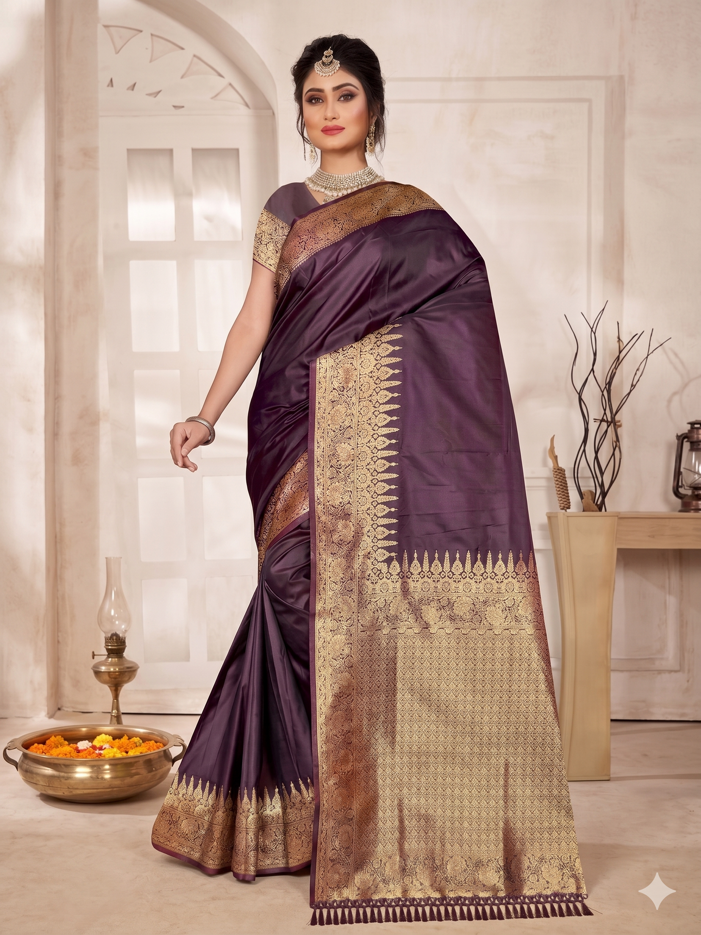 Kaya Kalpo Plum Purple Satin Crepe Silk Saree | Gold Zari Temple Border & Pallu | Bridal & Festive Wear